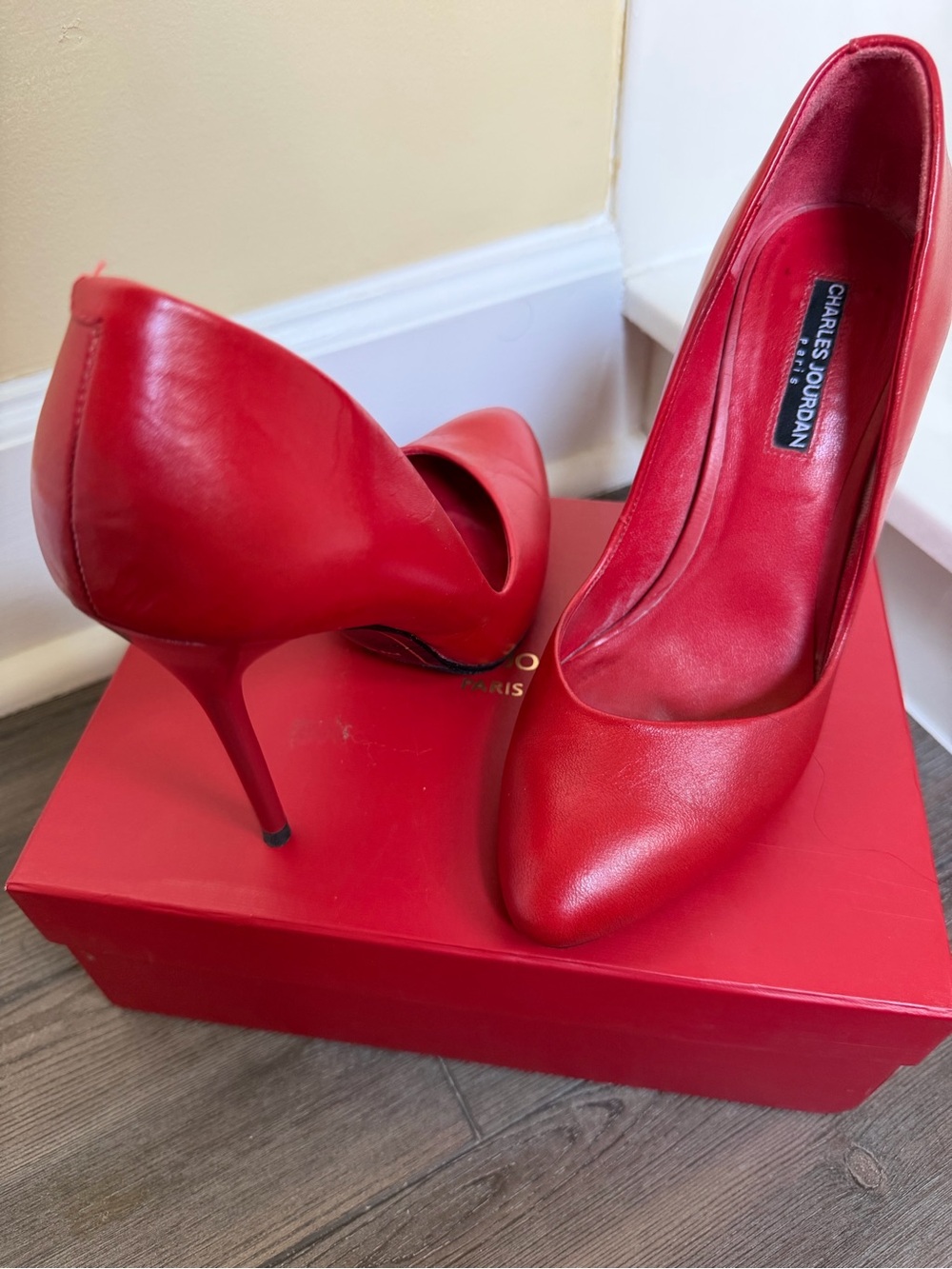 Charles Jourdan Red Leather Pointed Stiletto Pumps